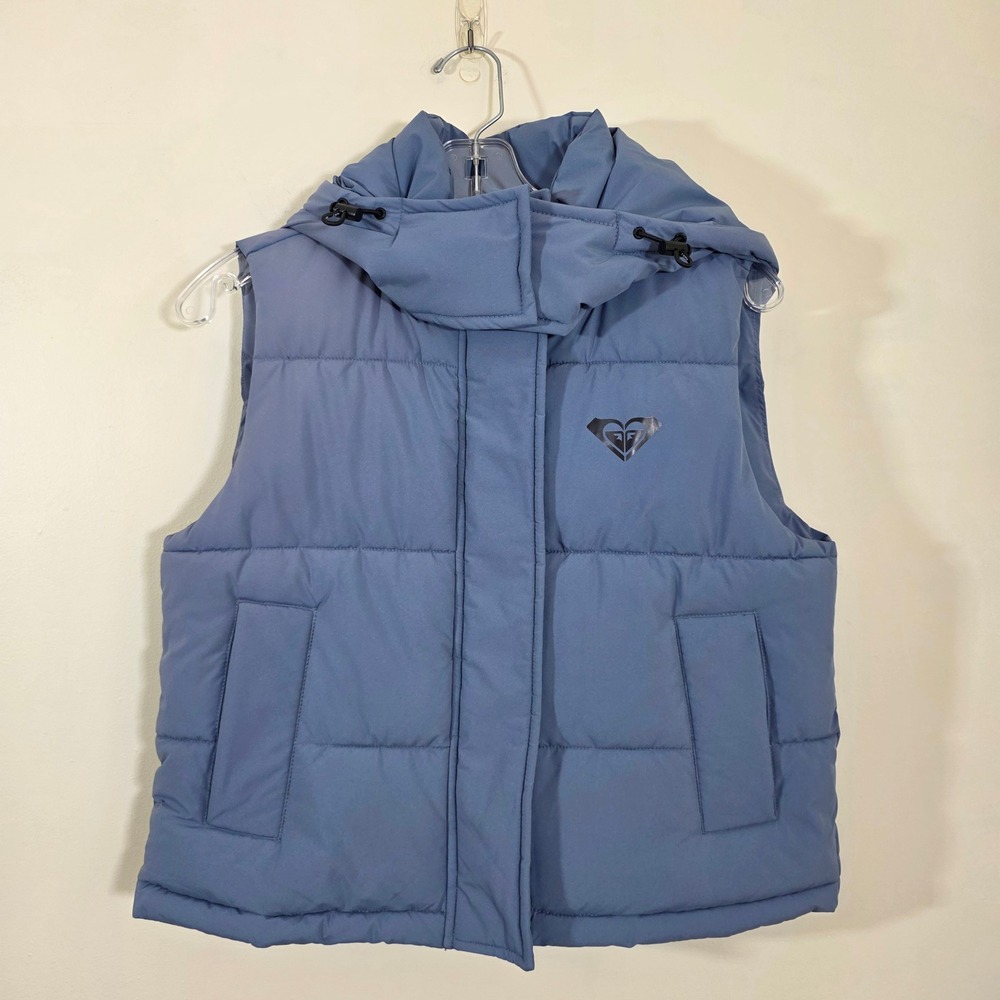 Roxy Women Puffer Vest Detachable Hood Slate Blue Quilted Winter Jacket Small